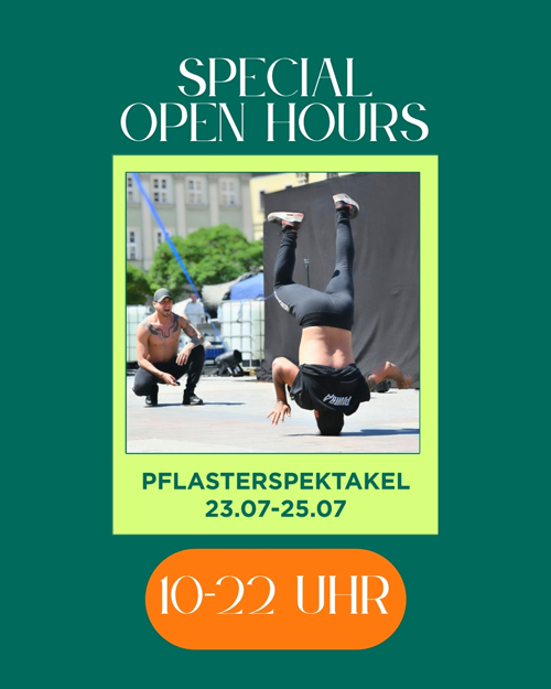 Während des Pflasterspektakels von 23.07. bis 25.07. hat das Cafe Gutmut von 10 bis 22 Uhr geöffnet.